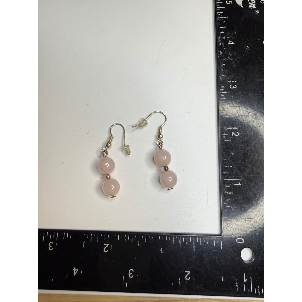 Rose Quartz Double Bead Drop Earrings Pink Stone Silver Tone Fishhook Dangle